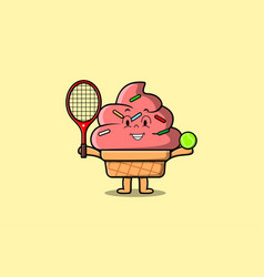 Cute Cartoon Ice Cream Character Play Tennis Field