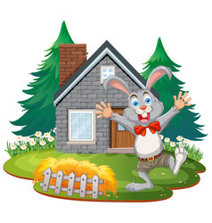 Happy Cartoon Rabbit Standing By A Stone House