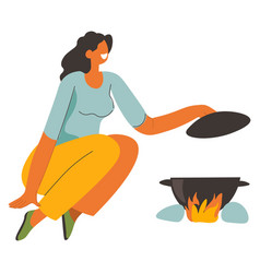 Woman Cooking Soup On Bonfire Camping Weekends