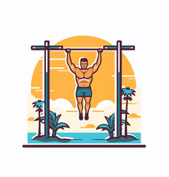 Man Doing Pull-ups On Horizontal Bar At Beach