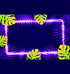 Neon Lights Frame Background With Tropical Leaves