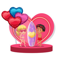 Two Kids In Swimsuit With Surfboard On Heart Stage