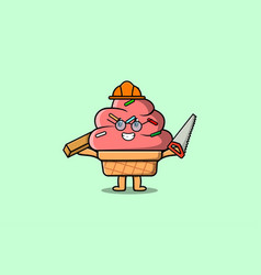 Cute Cartoon Ice Cream As Carpenter With Saw