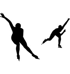 Two Women Speed Skaters Black Silhouette On White