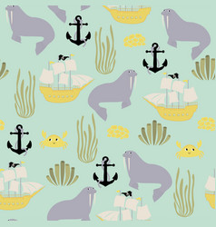 Seamless Pattern With Walrus Ship Crab