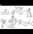 cartoon pet owners with their dogs comic set vector image vector image
