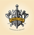 viking helmet shield and axe with ribbon logo vector image