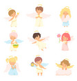 cute baby angels with nimbus and wings set vector image