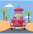 treveling red car with pile luggage bags vector image