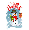 happy snowman in red scarf with gift vector image