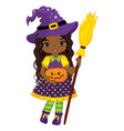 black witch with broomstick and halloween pumpkin vector image