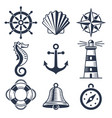 set marine maritime or nautical icons vector image