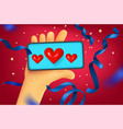 man holding modern smartphone with five star vector image