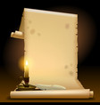 old parchment with a candle light and feather vector image vector image