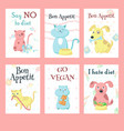 cute pet animals eating food card set vector image