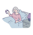 tired senior woman lie in bed and hold alarm clock vector image
