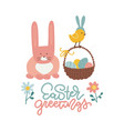 happy easter card with pink bunny flowers eggs vector image
