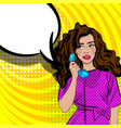pop art cartoon woman talk hold hand retro phone vector image