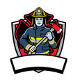 firefighter posing hold the axe badge vector image