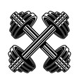 crossed heavy athletic barbells in engraving vector image vector image