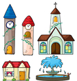 a clock tower church house and fountain vector image vector image