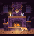 burning fireplace in living room with antlers vector image