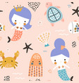 seamless pattern with cute mermaids creative vector image vector image