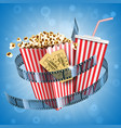 cinema popcorn soda drink tickets and film strip vector image