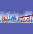 city skyline with buildings and bridge in rain vector image