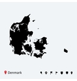 high detailed map of denmark with navigation pins vector image vector image