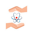 atom icon over hands symbols on white vector image vector image