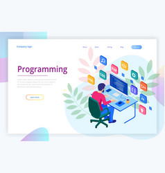 Isometric programmer coding new project sitting on