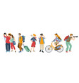 people tourists with suitcases and backpacks vector image