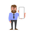 happy man holds a smartphone in his hand vector image