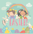 cute little girls with easter theme happy vector image