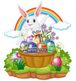 cute bunny with easter eggs in basket vector image