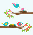 two cute families of birds on blooming branch tree vector image vector image