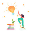 business woman climbing on ladder to light bulb vector image