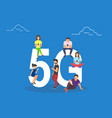 flat people with gadgets sitting on the big 5g vector image