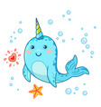 cute cartoon kawaii narwhals with rainbow horn vector image vector image
