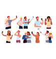 people hold mobile phone for selfie photo set vector image