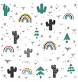 hand drawn cactus and rainbow pattern vector image