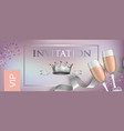 vip invitation lettering with crown and goblets vector image