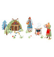 women with kid cooking food on fire near viking vector image