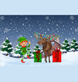 snowy winter night with christmas elf and moose vector image