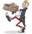 cartoon waiter serving a big cake vector image