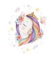 cute watercolor unicorn with flowers stars vector image