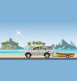 boat towing car on road running along the sea vector image