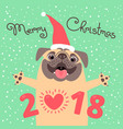 merry christmas 2018 card with dog funny pug vector image