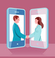 remote workers woman and man agree shaking hands vector image vector image